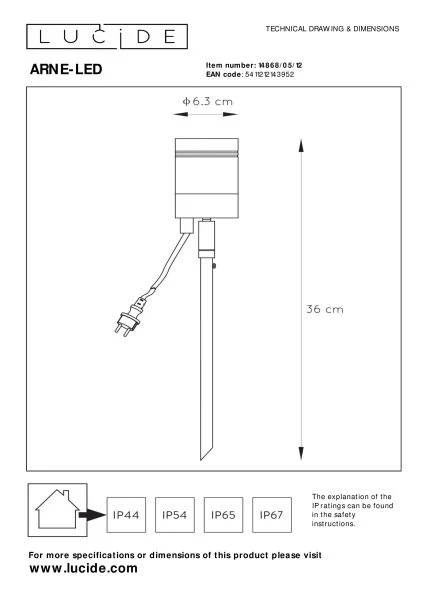 Lucide ARNE-LED - Foco de jardín - Ø 6,3 cm - LED - GU10 - 1x5W 2700K - IP44 - Cromo mate - técnico